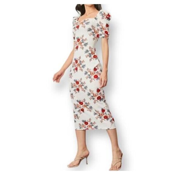 SHEIN RED & WHITE PUFF SLEEVE SLIT BACK FLORAL DRESS SZ.M EUC. - Picture 4 of 13